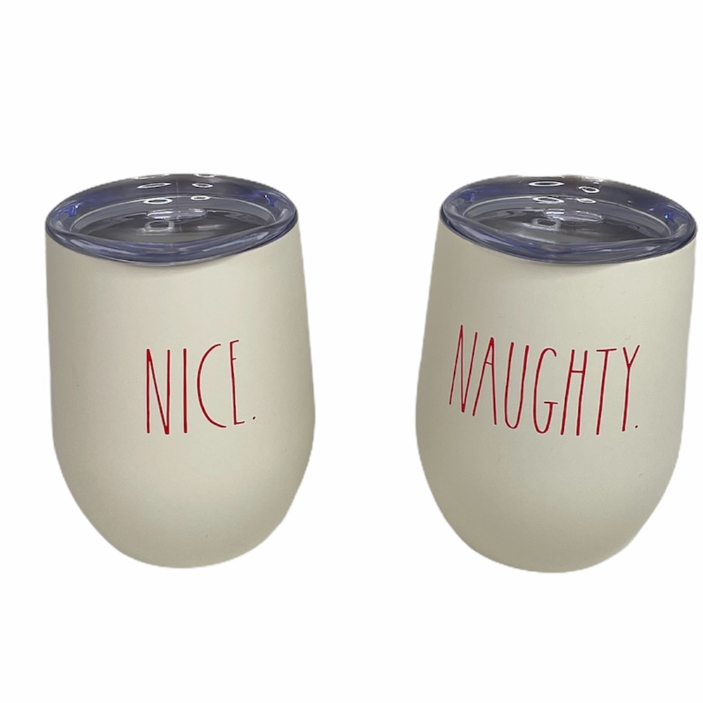 Rae Dunn Naughty and Nice Insulated Wine Glasses, Cream